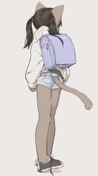 Rule 34 | 1girl, 3yo4yo5yo, animal ears, ass, backpack, bag, black footwear, black hair, blue shorts, cat ears, cat girl, cat tail, clothing cutout, from behind, full body, furry, furry female, highres, hood, hood down, hoodie, long hair, long sleeves, original, purple bag, randoseru, shoes, shorts, simple background, solo, standing, tail, tail through clothes, twintails, white background, white hoodie