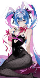 Rule 34 | 1girl, absurdres, animal ears, black leotard, blue hair, blush, bow, bowtie, breasts, card, clothing cutout, colored inner hair, covered navel, detached collar, fake animal ears, fishnet pantyhose, fishnets, hair ornament, hatsune miku, headband, heart cutout, highleg, highleg leotard, highres, jiu ye sang, leotard, looking at viewer, medium breasts, multicolored hair, nail polish, pantyhose, pink hair, pink pupils, playboy bunny, playing card, rabbit ears, rabbit hole (vocaloid), red bow, red bowtie, simple background, sitting, smile, solo, strapless, strapless leotard, teardrop facial mark, tongue, tongue out, twintails, white background, x hair ornament