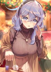 Rule 34 | 1girl, absurdres, ako (blue archive), alternate costume, bag, black hairband, black sweater, blue archive, blue eyes, blue hair, blue halo, blush, breasts, hair between eyes, hairband, halo, highres, holding, holding bag, jewelry, large breasts, long hair, long sleeves, looking at viewer, open mouth, pendant, pleated skirt, ribbed sweater, skirt, solo, sweater, tsubameno, twitter username, white skirt