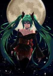 Rule 34 | 1girl, bare shoulders, black thighhighs, blue eyes, bow, breasts, collarbone, din (raiden), frills, full moon, garter straps, green hair, hair ribbon, hatsune miku, japanese clothes, kimono, lolita fashion, long hair, long sleeves, looking at viewer, miniskirt, moon, motion blur, night, night sky, obi, off shoulder, outdoors, petals, pleated skirt, ribbon, sash, skirt, sky, small breasts, smile, solo, standing, thigh gap, thighhighs, very long hair, vocaloid, wa lolita, wide sleeves, zettai ryouiki