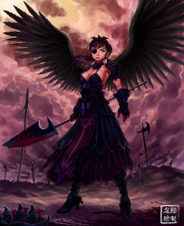 Rule 34 | 1girl, armor, armored dress, battlefield, black hair, black wings, blood, bloody weapon, breasts, choker, cleavage, cloud, cloudy sky, dress, eyepatch, feathered wings, fingerless gloves, full body, gauntlets, glaive (polearm), gloves, gorget, greaves, hair ornament, highres, long dress, long hair, mole, mole under eye, original, pauldrons, pink eyes, planted sword, planted, polearm, ponytail, ryu shou, shoulder armor, sky, solo focus, strap gap, sword, the chronicle of black phoenix, torn clothes, torn dress, weapon, wings, yan zhi ying