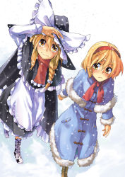 Rule 34 | 2girls, alice margatroid, blonde hair, boots, braid, cape, capelet, coat, female focus, hairband, hakui ami, hat, holding hands, kirisame marisa, md5 mismatch, multiple girls, resolution mismatch, short hair, source smaller, touhou, witch, witch hat, yellow eyes
