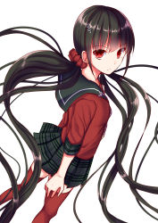 Rule 34 | 1girl, absurdres, akausagi, black hair, black skirt, blunt bangs, closed mouth, danganronpa (series), danganronpa v3: killing harmony, from above, from side, hair ornament, hair scrunchie, hairpin, harukawa maki, highres, long hair, looking at viewer, looking to the side, looking up, low twintails, mole, mole under eye, neckerchief, plaid, plaid skirt, pleated skirt, red eyes, red shirt, red thighhighs, school uniform, scrunchie, serafuku, serious, shirt, simple background, skirt, sleeves past elbows, solo, standing, thighhighs, twintails, very long hair, white background, zettai ryouiki