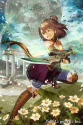 Rule 34 | 1girl, bare shoulders, bat (animal), boots, breasts, brown footwear, brown hair, cleavage, cleavage cutout, clenched teeth, clothing cutout, detached sleeves, fantasy, flower, grass, knee boots, magic, moon, mountain, night, pleated skirt, skirt, sky, solo, soukoku no regalia, sword, taku (fishdrive), teeth, thigh boots, thighhighs, weapon, wince
