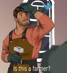 Rule 34 | 1boy, arm on own head, bara, beard stubble, belt, blacksmith, blush, brown hair, brown overalls, bug, butterfly, connected beard, coral island, cowboy shot, dark-skinned male, dark skin, facial hair, gloves, hammer, highres, holding, holding hammer, insect, is this a pigeon (meme), male focus, mature male, meme, meme template background, mustache stubble, overalls, rafael (coral island), shirt, short hair, smile, solo, stubble, sweat, sweaty clothes, t-shirt, thick arm hair, thick eyebrows, thom sketching