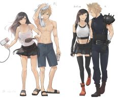 Rule 34 | 1boy, 1girl, armor, bare shoulders, black hair, black skirt, black thighhighs, blonde hair, blue eyes, boots, breasts, cloud strife, couple, crop top, detached sleeves, earrings, final fantasy, final fantasy vii, final fantasy vii remake, gloves, hair brush, hair dryer, holding, holding hands, jewelry, large breasts, long hair, looking at another, red eyes, red footwear, sandals, shillo, shorts, shoulder armor, skirt, sleeveless, sleeveless turtleneck, spiked hair, suspender skirt, suspenders, sweater, tank top, thighhighs, tifa lockhart, topless male, towel, turtleneck, turtleneck sweater, walking, white background, white tank top, zettai ryouiki
