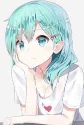 Rule 34 | 10s, 1girl, :/, aqua eyes, aqua hair, arm support, breasts, cleavage, elbows on table, grey background, hair ornament, hair over shoulder, hairclip, hand on own chin, heart, highres, kantai collection, looking at viewer, raised eyebrows, shikuro (iorimiyakiyo), shirt, simple background, solo, suzuya (kancolle), t-shirt, upper body