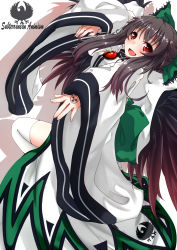 Rule 34 | 1girl, alternate costume, black hair, black wings, bow, copyright name, hair bow, hair ribbon, highres, japanese clothes, long hair, long sleeves, looking at viewer, looking back, miko, moe m, open mouth, radiation symbol, red eyes, reiuji utsuho, ribbon, smile, solo, thighhighs, third eye, touhou, white background, wide sleeves, wings