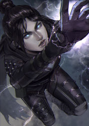 Rule 34 | 1girl, apex legends, black bodysuit, black bow, black gloves, black scarf, blue eyes, bodysuit, bow, breasts, daichi midori, electricity, floating hair, from above, gloves, glowing, glowing eyes, hair behind ear, hair bun, looking up, medium breasts, open mouth, parted bangs, realistic, scarf, single hair bun, solo, v-shaped eyebrows, wraith (apex legends)