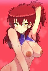 Rule 34 | 1girl, aikawa arika, angry, armpits, blush, breasts, ear piercing, freckles, gundam, gundam 00, highres, large breasts, looking at viewer, nena trinity, nipples, piercing, red background, red hair, simple background, solo, sweat, topless, two side up, yellow eyes
