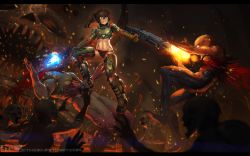 Rule 34 | 1girl, armor, battle, bikini armor, blood, blood splatter, blue eyes, boots, brooke (mleth), brown hair, commentary, cosplay, death, decapitation, doom (2016), doom (series), doomguy, dual wielding, english commentary, firing, gun, guro, handgun, headshot, hell, hell knight, highres, holding, imp (doom), md5 mismatch, midriff, mleth, muzzle flash, navel, original, panties, pistol, ponytail, resolution mismatch, revision, shotgun, source smaller, space marine, standing on person, striped clothes, striped panties, teeth, the possessed, thighhighs, underwear, weapon