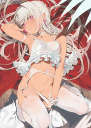 Rule 34 | 1girl, absurdres, armlet, armpits, babydoll, bare shoulders, blush, breasts, choker, cleavage, convenient censoring, detexted, earrings, frills, garter belt, garter straps, hair intakes, highres, jewelry, lingerie, long hair, looking at viewer, lying, navel, non-web source, on back, open mouth, original, panties, panties over garter belt, panty pull, photoshop (medium), pink eyes, see-through, smile, solo, sweat, tatami to hinoki, thighhighs, third-party edit, underwear, underwear only, white babydoll, white choker, white hair, white panties, white thighhighs