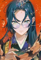 Rule 34 | 1boy, absurdres, androgynous, blue eyes, blue hair, closed mouth, earrings, eyelashes, eyeshadow, fingernails, glasses, hair between eyes, hand up, haruno taku, highres, japanese clothes, jewelry, kimono, lips, long hair, looking at viewer, makeup, male focus, mole, mole under eye, mole under mouth, multicolored eyes, multiple earrings, original, parted bangs, portrait, print kimono, purple-tinted eyewear, red background, round eyewear, solo, straight-on, straight hair, striped tail, tail, tassel, tinted eyewear, yellow eyes