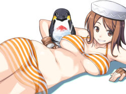 Rule 34 | 1girl, player character (mabinogi), bikini, bird, breasts, brown eyes, brown hair, fingerless gloves, food, gloves, hat, ikujitto, lying, mabinogi, o-ring, o-ring top, on side, penguin, see-through, shaved ice, short hair, skirt, solo, striped bikini, striped clothes, sweat, swimsuit, underboob