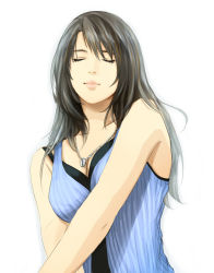 Rule 34 | 1990s (style), 1girl, bad id, bad pixiv id, black hair, closed eyes, collarbone, final fantasy, final fantasy viii, himasen, jewelry, long hair, multicolored hair, necklace, retro artstyle, rinoa heartilly, simple background, solo, streaked hair, v arms, white background