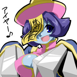 Rule 34 | 1girl, blue eyes, blue hair, blue skin, breasts, capcom, chinese clothes, claws, cleavage cutout, clothing cutout, colored skin, flipped hair, hat, jiangshi, large breasts, lei lei, matching hair/eyes, ofuda, qingdai guanmao, short hair, simple background, solo, takeya yuuki, vampire (game), zombie