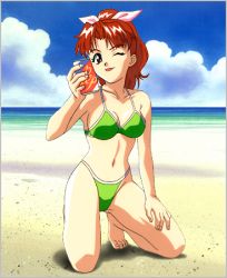 Rule 34 | 1990s (style), 1girl, barefoot, beach, bikini, can, day, drink can, full body, green bikini, hand on own thigh, holding, holding can, kneeling, long hair, looking at viewer, lowres, navel, official art, one eye closed, outdoors, red hair, retro artstyle, soda can, solo, swimsuit, yamada masaki, zenkoku seifuku bishoujo grand prix