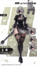 Rule 34 | 1girl, 2b (nier:automata), animated, artist request, black blindfold, black dress, blindfold, boots, bouncing breasts, breasts, character name, character profile, cleavage, cleavage cutout, clothing cutout, collaboration, covered eyes, crossover, curvy, dress, feather-trimmed sleeves, gloves, goddess of victory: nikke, grid background, highres, holding, holding sword, holding weapon, katana, large breasts, leotard, leotard under clothes, light smile, long sleeves, medium breasts, nier:automata, nier (series), official art, pod (nier:automata), short hair, solo, sound, sword, thick thighs, thighhighs, thighhighs under boots, thighs, underwear, video, weapon, white hair, wide hips