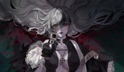 Rule 34 | 1girl, absurdres, aiming, aiming at viewer, black gloves, black robe, breasts, breasts apart, center opening, chinese commentary, commentary, cross, cross necklace, curly hair, dong feng feng, eyes in shadow, finger on trigger, gloves, green eyes, grey hair, gun, handgun, heterochromia, highres, holding, holding gun, holding weapon, jewelry, large breasts, layered sleeves, light blush, light smile, long hair, looking at viewer, looking up, lying, multicolored hair, necklace, oak casket (path to nowhere), on back, pale skin, path to nowhere, purple eyes, red petals, robe, slit pupils, solo, streaked hair, upper body, weapon