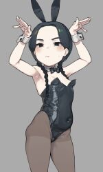 Rule 34 | 1girl, addams family, animal ears, black bow, black bowtie, black eyes, black hair, black leotard, black pantyhose, bow, bowtie, braid, breasts, collagen, cowboy shot, detached collar, fake animal ears, forehead, grey background, highres, leotard, low twintails, pale skin, pantyhose, playboy bunny, rabbit ears, rabbit pose, simple background, small breasts, solo, strapless, strapless leotard, twin braids, twintails, wednesday (netflix), wednesday addams, wrist cuffs
