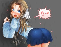 Rule 34 | 1boy, against wall, ahegao, androgynous, bent over, blue eyes, blush, brown hair, bulge, crossdressing, cum, cum string, freeze-ex, hair ribbon, image sample, long hair, looking back, male focus, open mouth, orgasm, original, pixiv sample, ribbon, skirt, sleeve past wrists, solo, thighhighs, tongue, tongue out, trap, white thighhighs