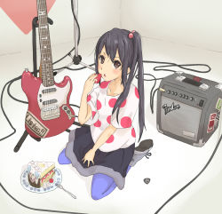 Rule 34 | 1girl, amplifier, black hair, blue pantyhose, brown eyes, cable, cake, electric guitar, female focus, fender (company), fender mustang, food, fork, fruit, guitar, hair bobbles, hair ornament, highres, holding, holding food, holding fruit, instrument, jinzo, k-on!, kneeling, listen!!, long hair, microphone stand, nakano azusa, pantyhose, pastry, polka dot, polka dot shirt, shirt, side ponytail, skirt, solo, strawberry