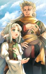 Rule 34 | 2boys, age difference, ainu clothes, animal ears, aquaplus, artist request, blonde hair, blue eyes, cape, cowboy shot, gauntlets, hairband, height difference, highres, holding, holding scroll, long hair, long sleeves, medium hair, messy hair, mikazuchi (utawarerumono), multiple boys, muscular, muscular male, nose, official art, open clothes, open mouth, orange eyes, orange scarf, parted bangs, pointy ears, raised eyebrows, scarf, scroll, short sleeves, sidelocks, silver hair, teeth, tongue, utawarerumono, utawarerumono: itsuwari no kamen, utawarerumono: lost flag, very long hair, wide sleeves