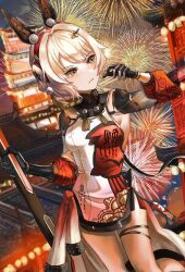 Rule 34 | 1girl, absurdres, animal ears, breasts, chinese clothes, closed mouth, fake animal ears, fireworks, grey hair, hair ornament, hairclip, headphones, highres, holding, holding weapon, karenina (punishing: gray raven), long sleeves, mechanical arms, medium hair, mochigana, official alternate costume, orange eyes, punishing: gray raven, rabbit ears, red shirt, shirt, small breasts, solo, thigh strap, two-tone shirt, weapon, white shirt