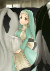 Rule 34 | 1girl, animal, apron, blurry, braid, breasts, cow, cowboy shot, depth of field, dress, endou hiroto, green dress, green eyes, habit, highres, large breasts, long sleeves, looking at viewer, milk, pot, solo, standing, tail, veil