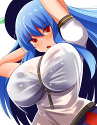 Rule 34 | 1girl, blouse, blue hair, blue skirt, bow, breasts, buttons, food, frills, fruit, gero zoukin, hat, highres, hinanawi tenshi, large breasts, long hair, peach, puffy short sleeves, puffy sleeves, red eyes, shirt, short sleeves, skirt, solo, touhou, white shirt