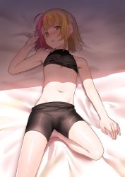 Rule 34 | 1boy, ahoge, androgynous, bad id, bad twitter id, bike shorts, blonde hair, erubo, looking at viewer, lying, midriff, multicolored hair, on bed, original, pink hair, short hair, sleeveless, sleeveless turtleneck, split-color hair, theodor bachstein, trap, turtleneck