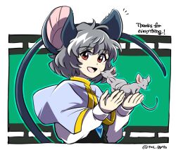 Rule 34 | 1girl, :d, animal, animal ears, capelet, commentary request, grey hair, grey shirt, highres, holding, holding animal, jewelry, long sleeves, looking at viewer, mc pyth, mouse (animal), mouse ears, mouse tail, nazrin, necklace, notice lines, open mouth, red eyes, shirt, short hair, smile, solo, tail, touhou, twitter username