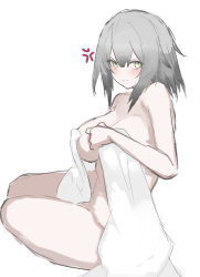 Rule 34 | 1girl, absurdres, bare shoulders, blush, breasts, cleavage, closed mouth, collarbone, ff frbb122, girls&#039; frontline, green eyes, grey hair, greyscale, highres, large breasts, looking at viewer, medium hair, monochrome, naked towel, sideboob, sitting, solo, sweat, towel, ump40 (girls&#039; frontline), white background, white towel