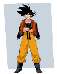 Rule 34 | 1boy, ankle boots, black eyes, black footwear, black hair, black sash, black wristband, boots, border, crossed arms, dougi, dragon ball, dragonball z, full body, grey background, grin, hair strand, highres, jacket, jacket on shoulders, kz (dbz kz), legs apart, looking at viewer, male focus, obi, open clothes, open jacket, orange jacket, orange pants, pants, pectorals, sash, shade, simple background, smile, son goku, spiked hair, standing, undershirt, white border, wristband, zipper