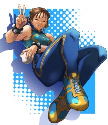 Rule 34 | 1girl, ^ ^, absurdres, baozi, bare shoulders, blue bodysuit, bodysuit, bracelet, brown hair, capcom, chun-li, closed eyes, closed mouth, double bun, double vertical stripe, closed eyes, fingernails, food, full body, hair ribbon, highres, holding, holding food, jewelry, pretty-purin720, ribbon, shoelaces, shoes, short hair, silhouette, sneakers, solo, street fighter, street fighter zero (series), v, yellow ribbon