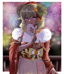 Rule 34 | 1girl, :d, absurdres, aerial fireworks, ahoge, animal ears, blonde hair, blush, border, bow, braid, cowboy shot, curled horns, fan over face, fireworks, fur-trimmed kimono, fur trim, hair bow, hand fan, highres, holding, holding fan, hololive, horns, japanese clothes, kimono, long hair, long sleeves, looking at viewer, open mouth, paper fan, purple eyes, railing, red bow, red kimono, rye (hyn uka), sheep ears, sheep horns, smile, solo, standing, tsunomaki watame, tsunomaki watame (new year), twin braids, virtual youtuber, white border