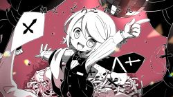 Rule 34 | 1girl, 2019, black bow, black bowtie, bone, bow, bowtie, cross, gloves, highres, kagamine rin, long sleeves, looking at viewer, medium hair, najo, open mouth, partially colored, pile of skulls, pointing, pointing up, skeleton, skull, smile, solo, standing, vest, vocaloid, white gloves