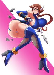 Rule 34 | 1girl, aile (mega man zx), alternate breast size, alternate costume, ass, bare shoulders, blush, bouncing breasts, breasts, brown hair, covered erect nipples, female focus, fishnets, from behind, green eyes, high heels, highres, large breasts, long hair, looking back, mega man (series), mega man zx, mega man zx advent, nobuyu (77yusei), ponytail, revealing clothes, robot ears, skin tight, tagme, taimanin (series), thighhighs