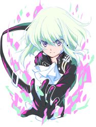 Rule 34 | 1boy, androgynous, ascot, black gloves, black jacket, fire, gloves, green hair, highres, izumi rei, jacket, lio fotia, male focus, outstretched hand, promare, purple eyes, pyrokinesis, solo
