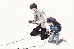 Rule 34 | 2boys, absurdres, black hair, brothers, brown hair, controller, game controller, highres, holding, holding controller, kaiba mokuba, kaiba seto, multiple boys, playing games, siblings, simple background, snowcupcake, yu-gi-oh!, yu-gi-oh! duel monsters