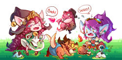 Rule 34 | 2girls, :p, ^^^, alternate costume, alternate hair color, alternate hair length, alternate hairstyle, animal ears, blue eyes, blue skin, blush, blush stickers, breath weapon, breathing fire, chicken leg, claws, colored skin, dragon, dragon trainer lulu, dragon trainer tristana, drill hair, earrings, fang, fire, food, goggles, goggles on head, hat, horns, jewelry, league of legends, long hair, lulu (league of legends), meat, multiple girls, necklace, one eye closed, open mouth, pink eyes, pix (league of legends), ponytail, poro (league of legends), purple hair, red hair, sharp teeth, signature, sitting, sleeves past wrists, sueyen, tail, tail wagging, tears, teeth, tongue, tongue out, tristana, wings, witch hat, yellow eyes, yordle