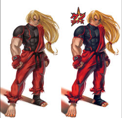 Rule 34 | 1boy, abs, alternate costume, ama&#039;san, barefoot, blonde hair, border, capcom, clenched hands, clothes around waist, dougi, eyebrows, fingerless gloves, full body, gloves, ken masters, long hair, low-tied long hair, male focus, muscular, nose, shirt, simple background, single sock, skin tight, socks, solo, stereogram, street fighter, street fighter v, t-shirt, toeless legwear
