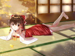 Rule 34 | 1girl, ascot, bare legs, barefoot, bow, brown eyes, brown hair, commentary request, day, detached sleeves, dress, feet, foot out of frame, hair bow, hair tubes, hakurei reimu, hands on own face, indoors, leg up, legs, looking to the side, lying, nail polish, on stomach, red dress, short hair, solo, tatami, toenail polish, toenails, toes, touhou, yellow ascot, yurara (aroma42enola)