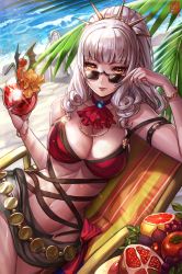 Rule 34 | 1girl, beach, bikini, blonde hair, box (hotpppink), breasts, carmilla (fate), cleavage, day, drink, fate/grand order, fate (series), fingernails, food, fruit, grapefruit, jewelry, light smile, long fingernails, long hair, lying, medium breasts, navel, necklace, on side, outdoors, palm tree, parted lips, pomegranate, red bikini, sand, solo, carmilla (summertime mistress) (fate), sunglasses, swimsuit, thighs, toned, tree, water, white hair, wide hips