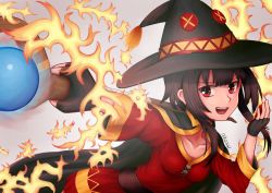 Rule 34 | 10s, 1girl, :d, artist name, black cape, black gloves, black hat, brown hair, button eyes, buttons, cape, collarbone, fingerless gloves, fire, foreshortening, gem, gloves, hat, holding, holding staff, kono subarashii sekai ni shukufuku wo!, looking at viewer, megumin, nekonase, open mouth, orb, outstretched arm, red eyes, self-upload, short hair with long locks, smile, solo, staff, witch hat
