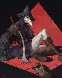 Rule 34 | 1girl, black background, black cape, black coat, black feathers, black hat, bloodborne, boots, brown footwear, brown gloves, cape, coat, eileen the crow, feathers, full body, gloves, hat, highres, holding, holding sword, holding weapon, jiro (ninetysix), knee boots, long coat, mask, monster, out of frame, pants, plague doctor mask, sitting, solo, sword, twitter username, weapon, white pants