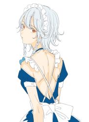 Rule 34 | 1girl, alternate eye color, asawa (dm owr), backless outfit, bad id, bad twitter id, bow, braid, colored eyelashes, dress, dress bow, frilled dress, frills, izayoi sakuya, looking at viewer, looking back, maid, maid headdress, medium hair, orange eyes, partially opened mouth, short sleeves, shoulder blades, side braid, silver, simple background, solo, touhou, twin braids, upper body, white background, white bow