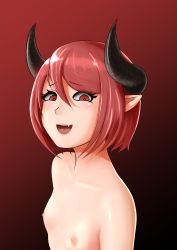 Rule 34 | 1girl, absurdres, breasts, demon girl, evil smile, highres, horns, iceringer, looking at viewer, nipples, open mouth, original, pointy ears, red eyes, red hair, short hair, simple background, small breasts, smile, solo, demon girl, teeth