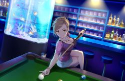 Rule 34 | 10s, 1girl, alcohol, artist request, ball, bar (place), billiard ball, billiards, bracelet, braid, breasts, brown eyes, brown hair, cleavage, counter, crossed legs, cue stick, cup, drink, drinking glass, earrings, fish, fish tank, french braid, glass, hyodo rena, idolmaster, idolmaster cinderella girls, idolmaster cinderella girls starlight stage, indoors, jewelry, jpeg artifacts, large breasts, light smile, looking at viewer, necklace, official art, pool table, side slit, sitting, skirt, smile, solo, stool, table
