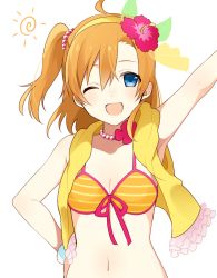 Rule 34 | 10s, 1girl, ;d, bad id, bad twitter id, bikini, blue eyes, breasts, chisumi, cleavage, flower, front-tie bikini top, front-tie top, hair flower, hair ornament, hairband, hand on own hip, hibiscus, kosaka honoka, looking at viewer, love live!, love live! school idol project, natsuiro egao de 1 2 jump!, navel, one eye closed, open mouth, orange hair, outstretched arm, side ponytail, smile, solo, swimsuit, twitter username, upper body, white background